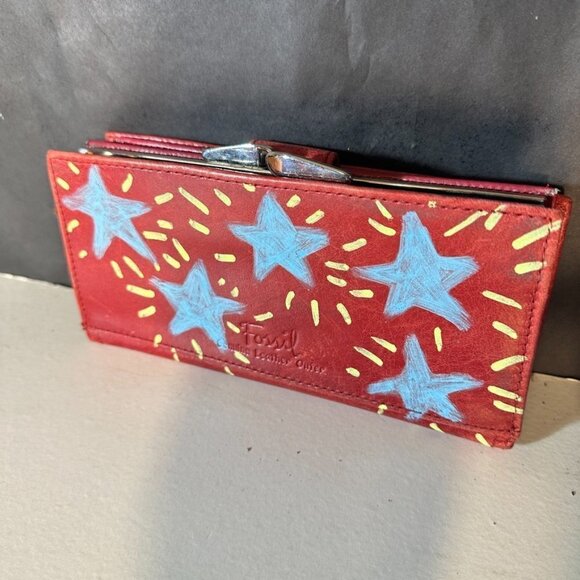 Fossil Genuine Leather Red Wallet Stars Graffiti Handmade Upcycle Vintage Purse - Picture 3 of 10